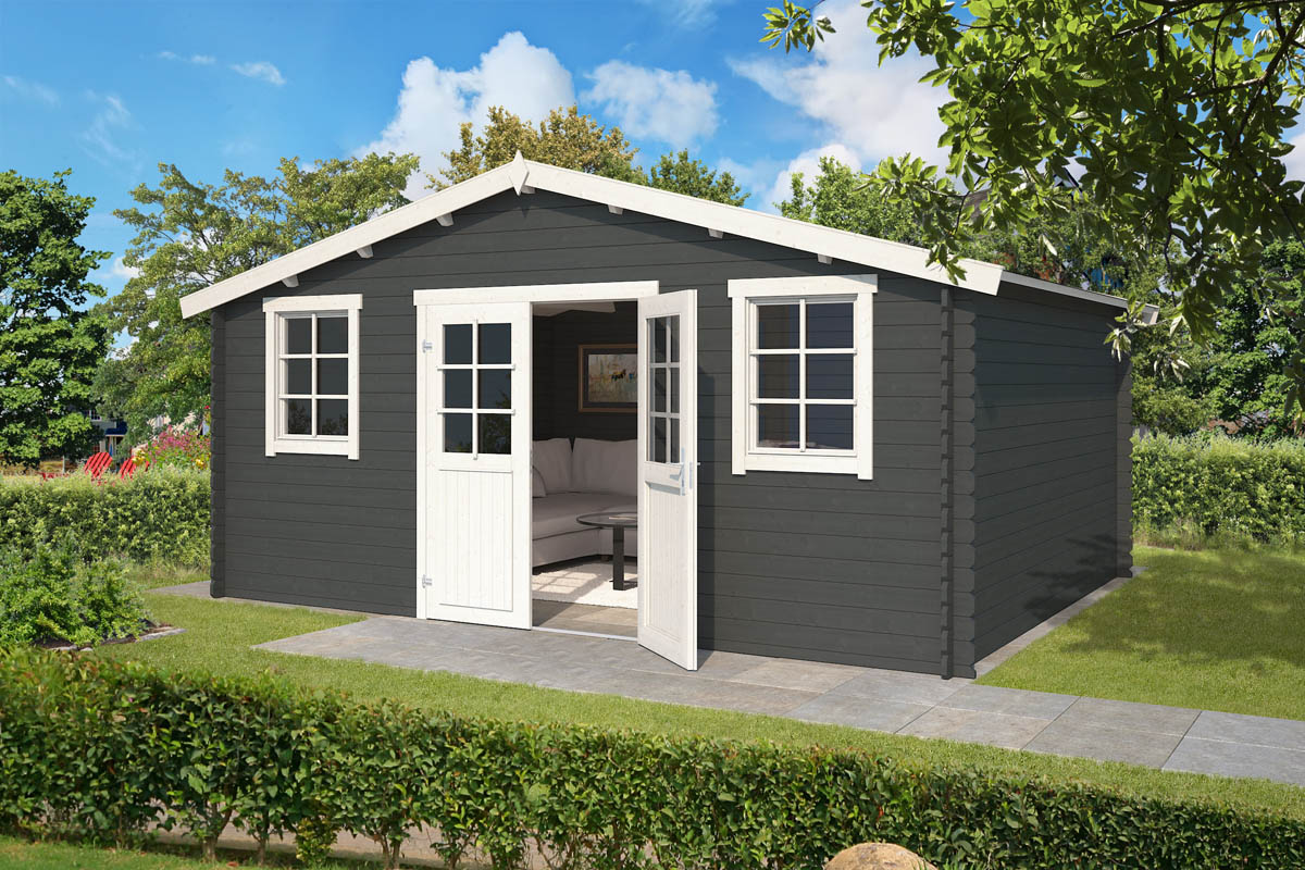 Outdoor Life Udo Blokhut 500x320 cm 28 mm vuren Carbon Grey-Wit gecoat- Zadeldak- - Outdoor Life afbeelding