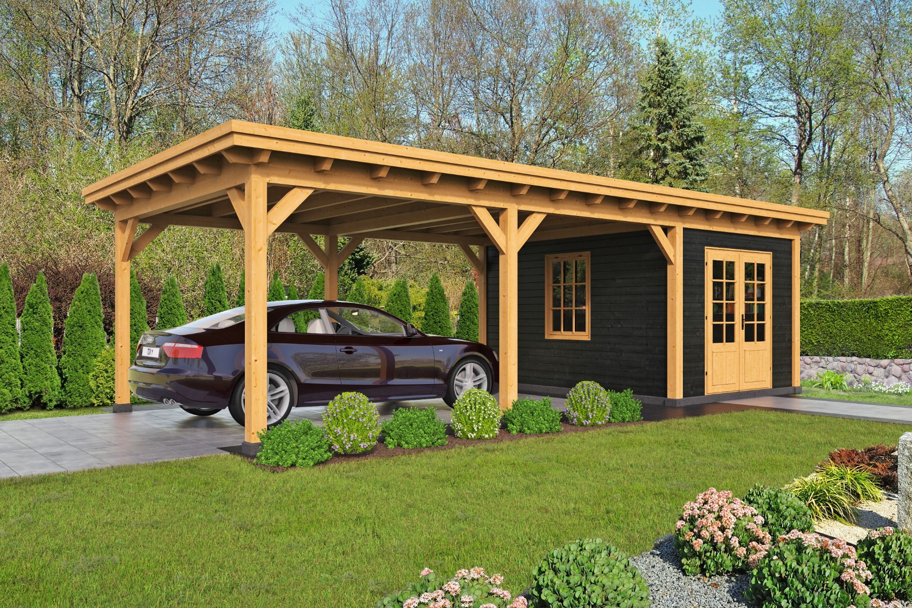Overkapping plat dak Red Class Wood Odense type 7 XL 793x378 cm - zwarte wanden afbeelding