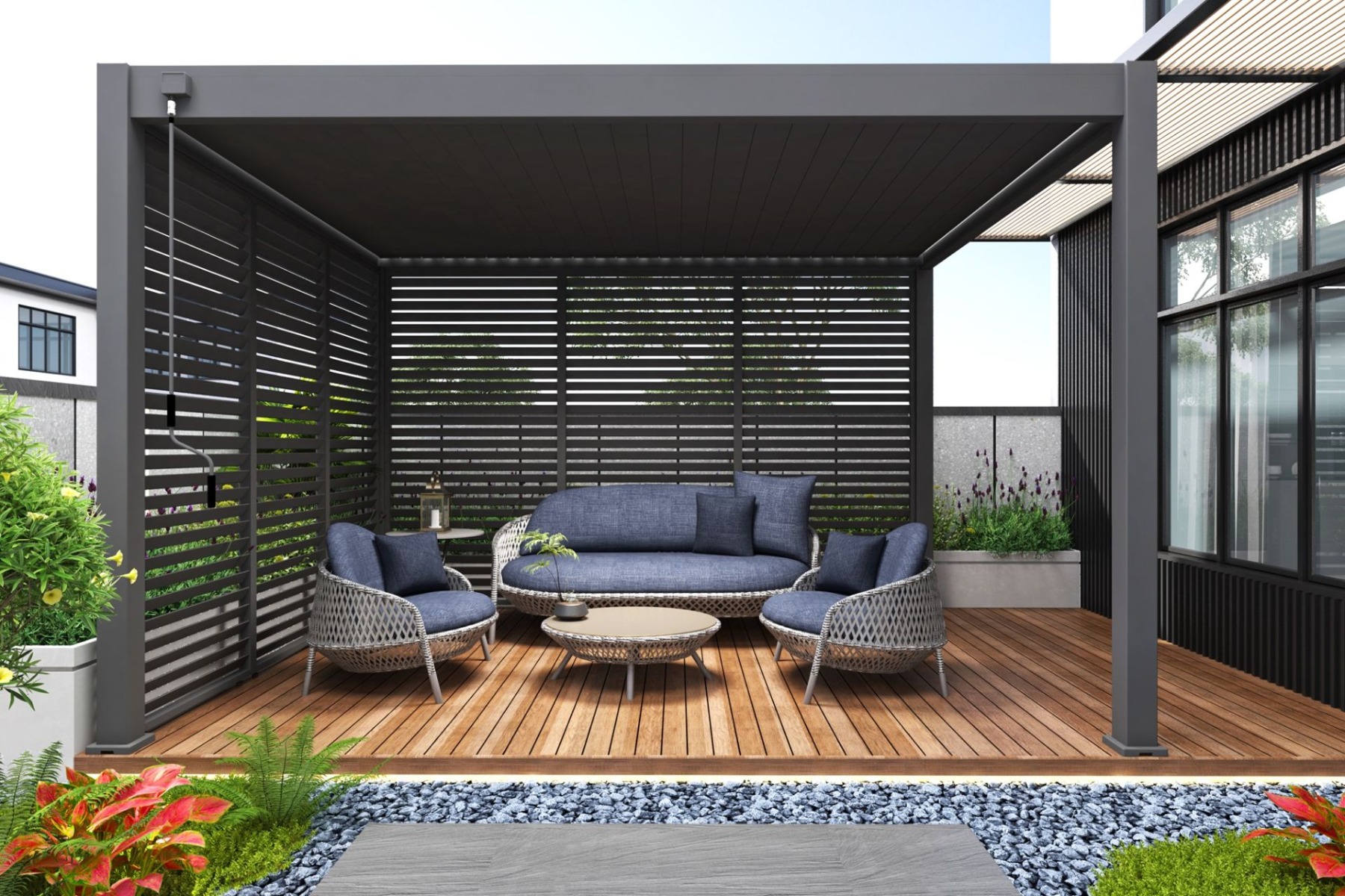 Vrijstaande aluminium overkapping Vancouver met lamellendak - Antraciet - 400x400 cm- - - Tuindeco