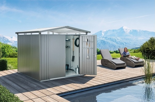 Biohort Metalen tuinhuis Panorama Gr. P5 met dubbele deur 273x318 cm zilvergrijs metallic afbeelding