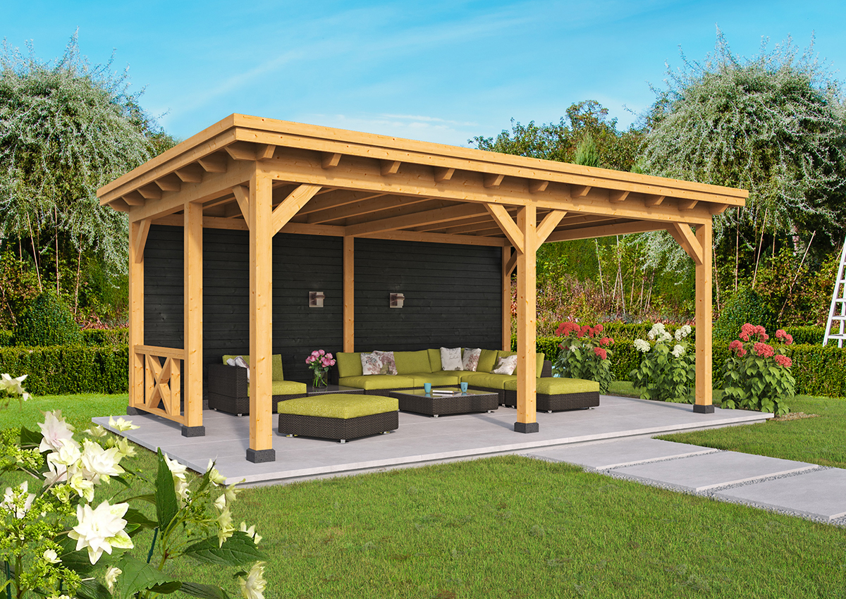 Overkapping Plat Dak Odense XXL Type 2 Red Class Wood 650x450 cm - Zwarte wanden- Plat dak- Hout- Tuindeco