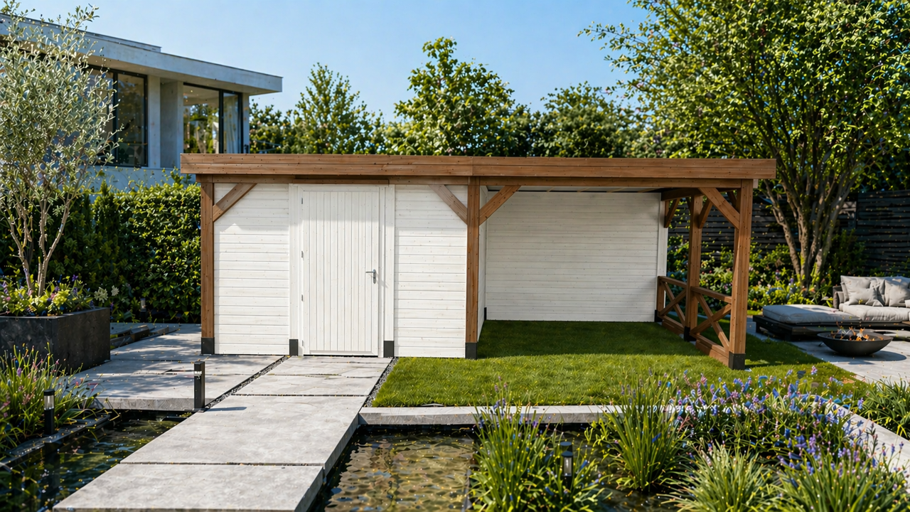 FlexLine S buitenverblijf 600x300 cm met 1 achterwand en schuurtje vuren compleet gecoat