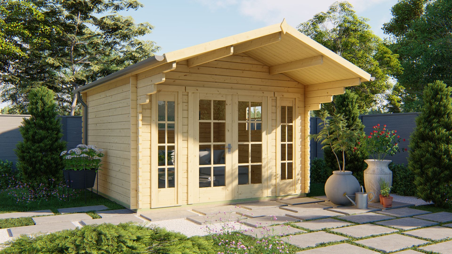 Blokhut Sören 380x380 cm + luifel 150 cm - Grijs geïmpregneerd afbeelding