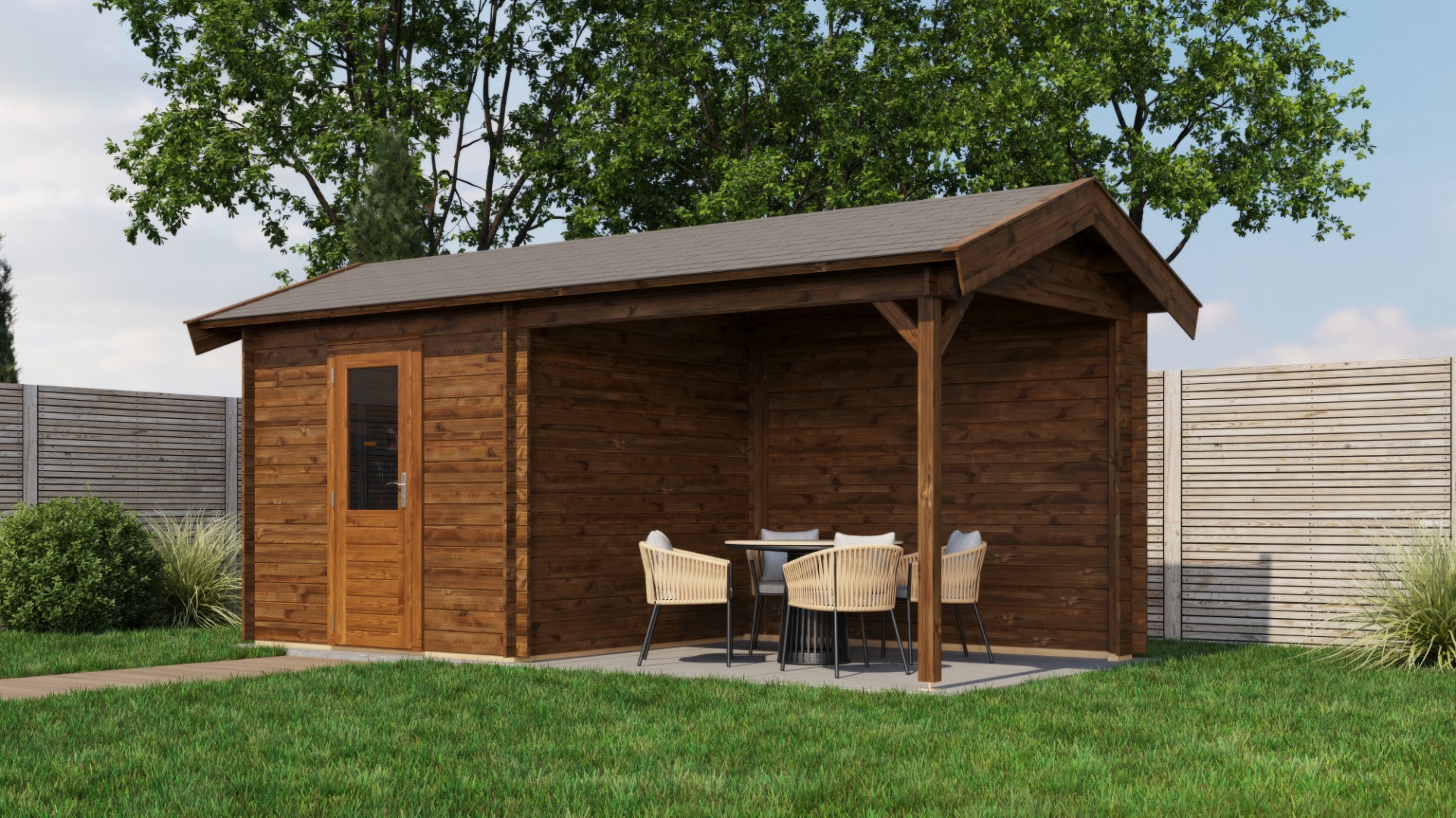 Lugarde Select Blokhut met overkapping Markelo 250x250cm + 300cm - Keteldruk Bruin afbeelding