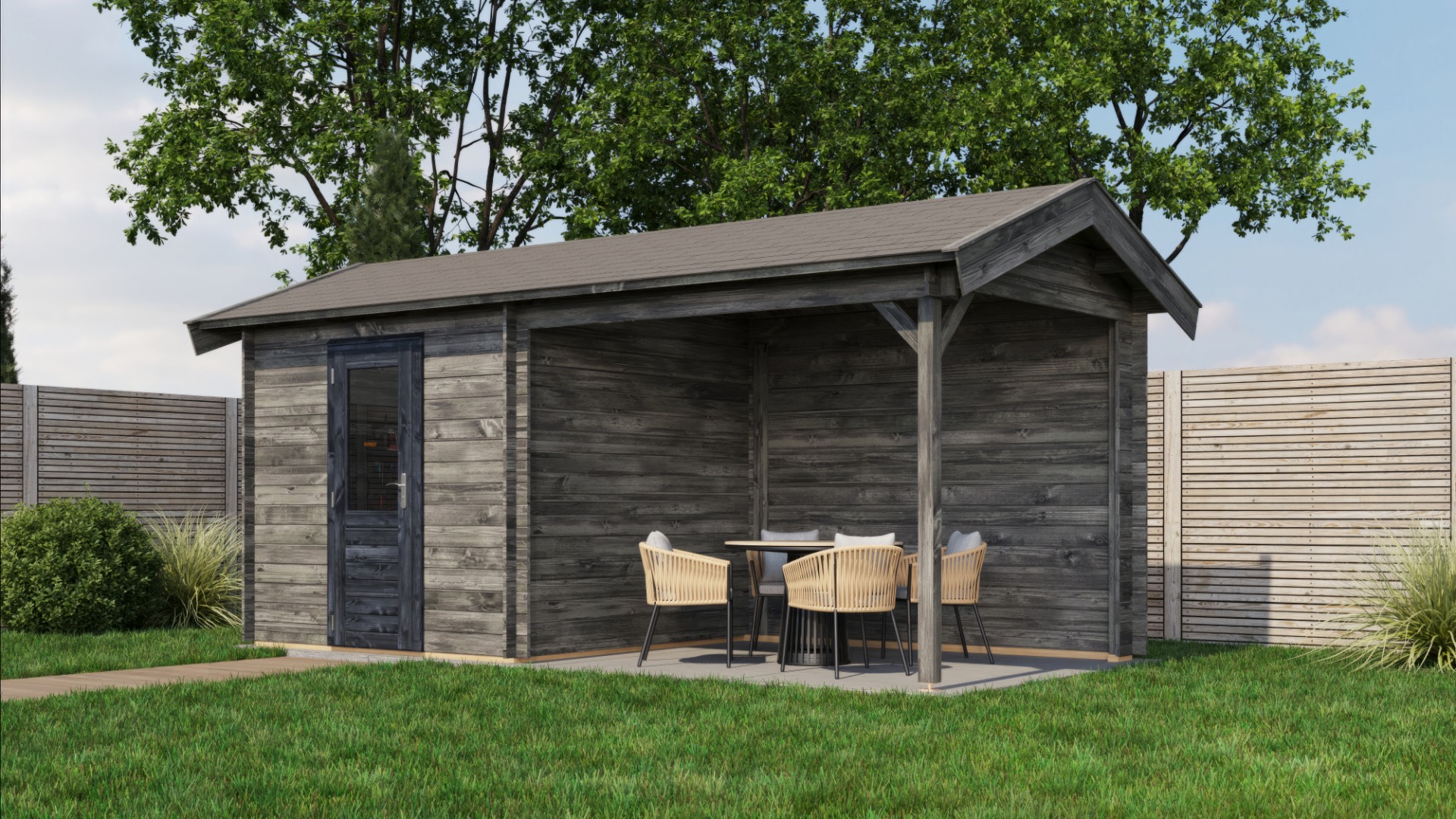 Lugarde Select Blokhut met overkapping Markelo 250x250cm + 300cm - Keteldruk Grijs afbeelding