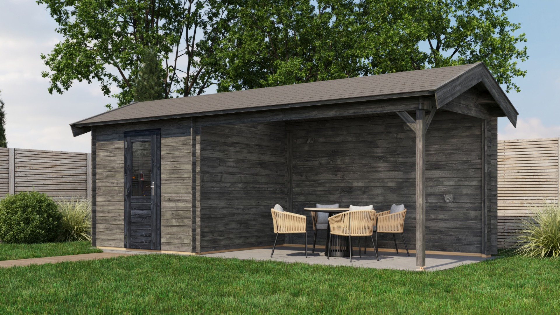 Lugarde Select Blokhut met overkapping Oldenzaal 250x250cm + 400cm - Keteldruk Grijs afbeelding