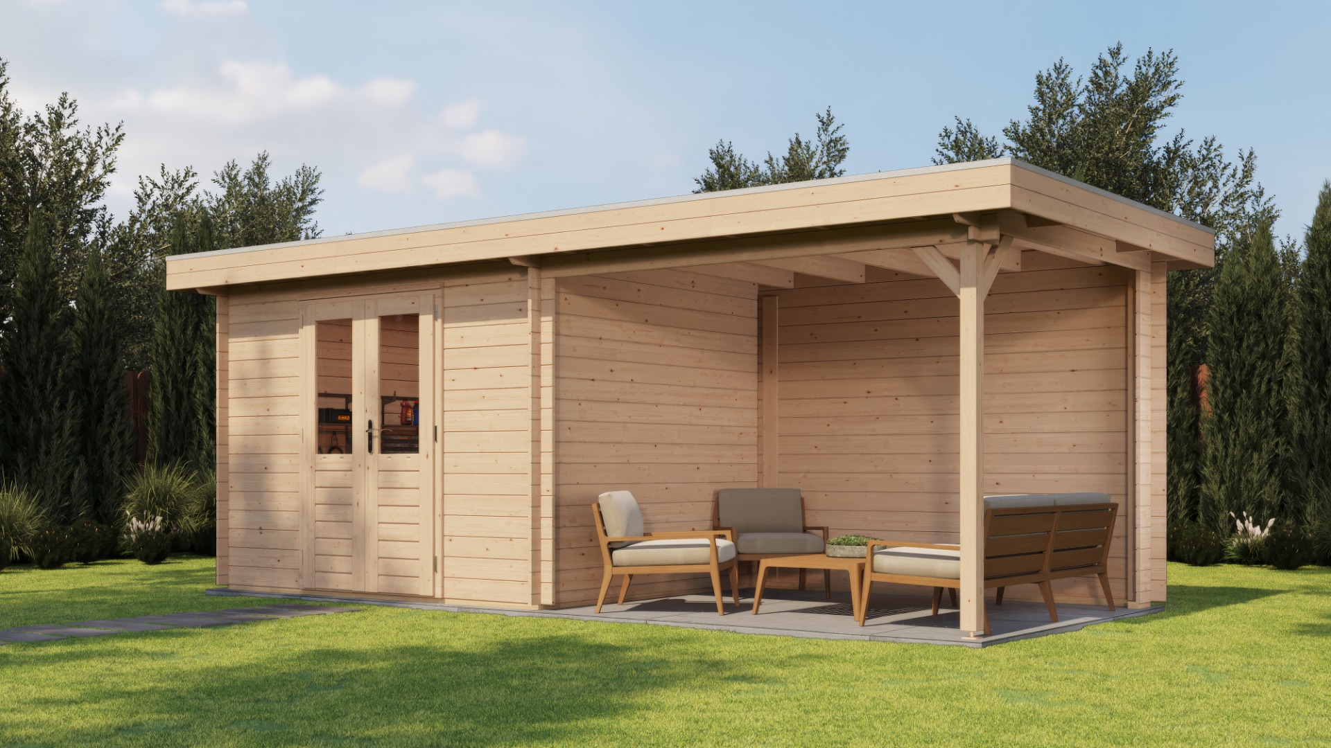 Lugarde Select Blokhut met overkapping Wageningen 300x250cm + 300cm - Onbehandeld afbeelding
