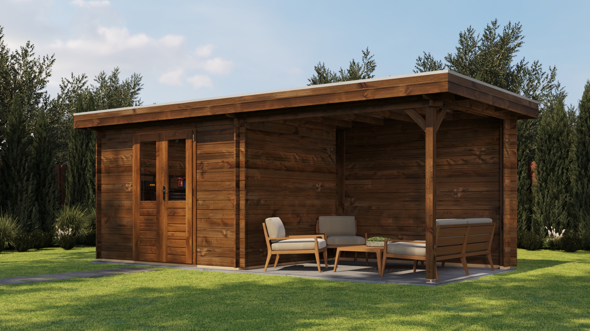 Lugarde Select Blokhut met overkapping Wageningen 300x250cm + 300cm - Keteldruk Bruin afbeelding