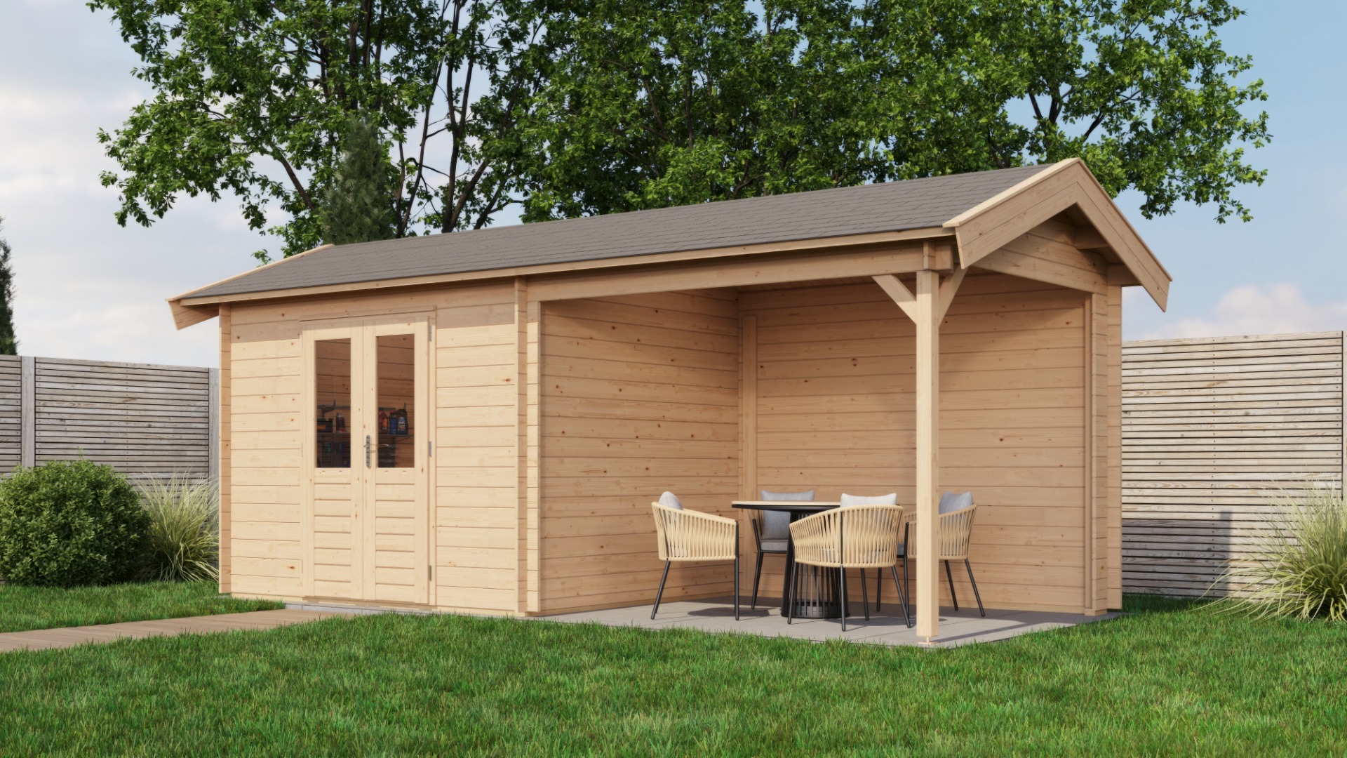 Lugarde Select Blokhut met overkapping Varsseveld 300x250cm + 300cm - Onbehandeld afbeelding