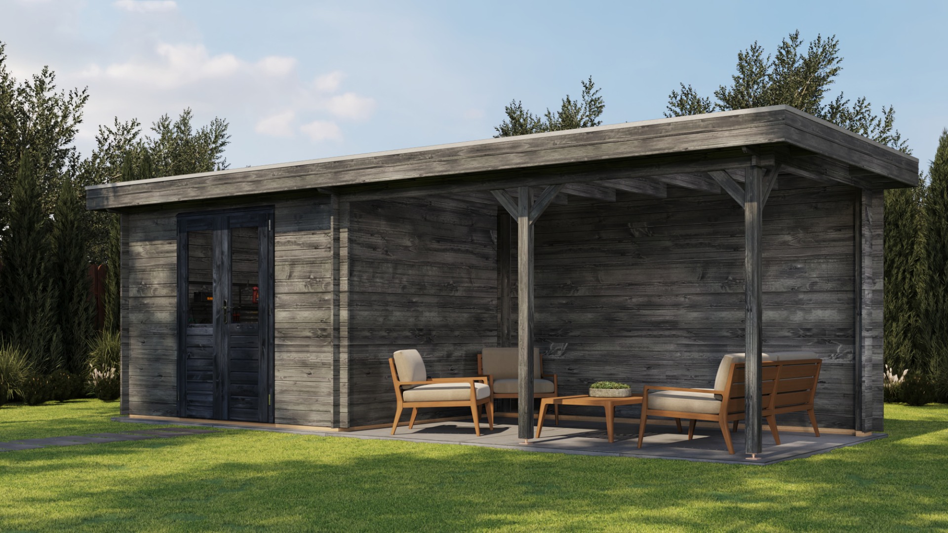 Lugarde Select Blokhut met overkapping Zandvoort 300x250cm + 400cm - Keteldruk Grijs afbeelding