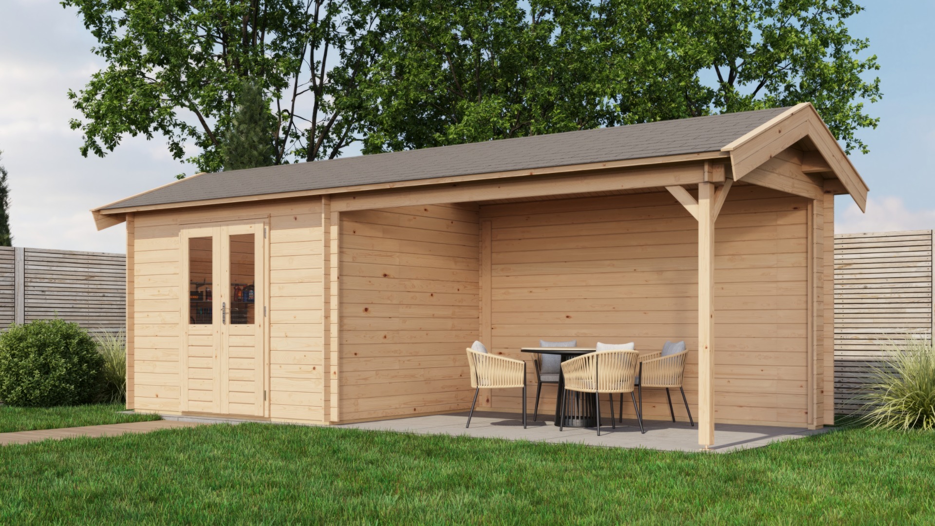 Lugarde Select Borne Blokhut met overkapping 300x250 cm + 400 cm vuren blank- Zadeldak- - Lugarde Select afbeelding