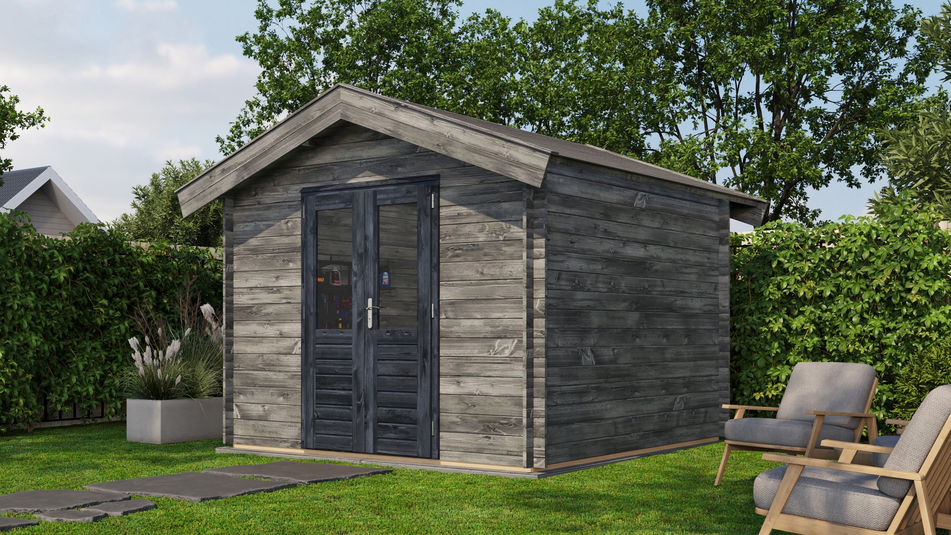 Lugarde Select Twello Blokhut 300x300 cm 28 mm vuren keteldruk grijs geïmpregneerd