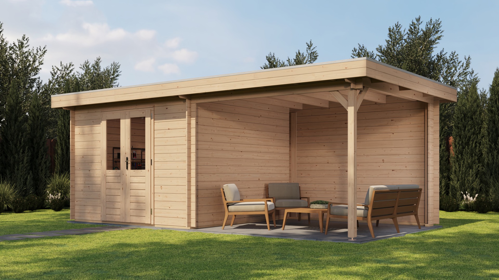 Lugarde Select Blokhut met overkapping Hilversum 300x300cm + 300cm - Onbehandeld afbeelding