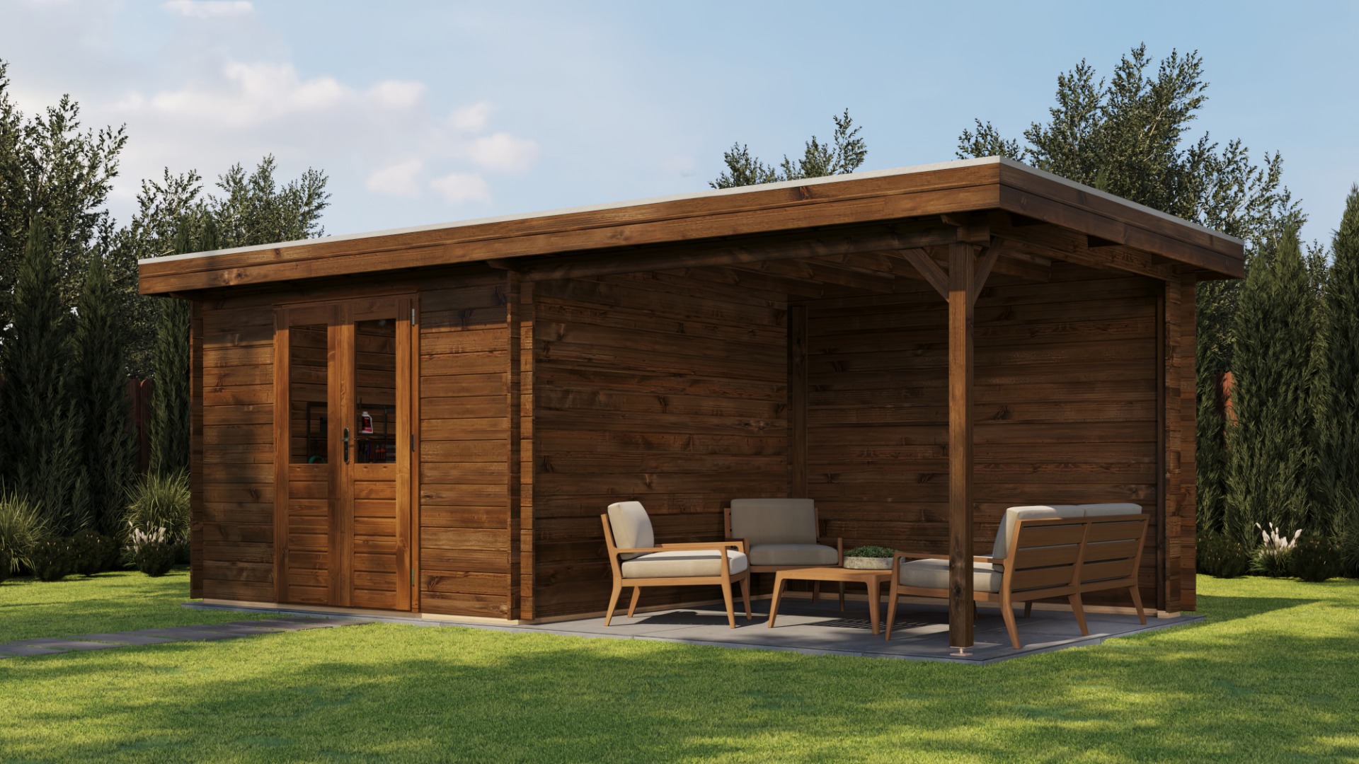 Lugarde Select Blokhut met overkapping Hilversum 300x300cm + 300cm - Keteldruk Bruin afbeelding 1