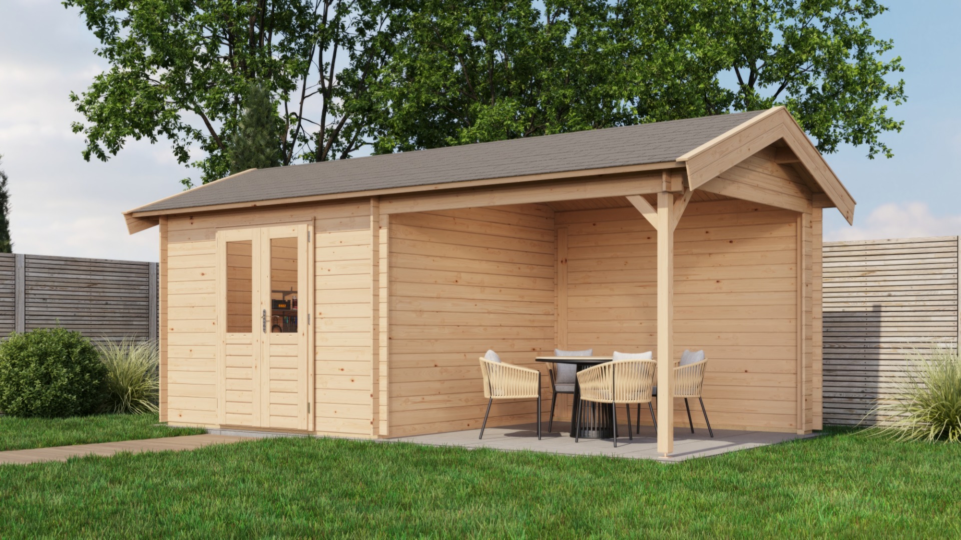 Lugarde Select Raalte Blokhut met overkapping 300x300 cm + 300 cm vuren blank- Zadeldak- - Lugarde Select afbeelding