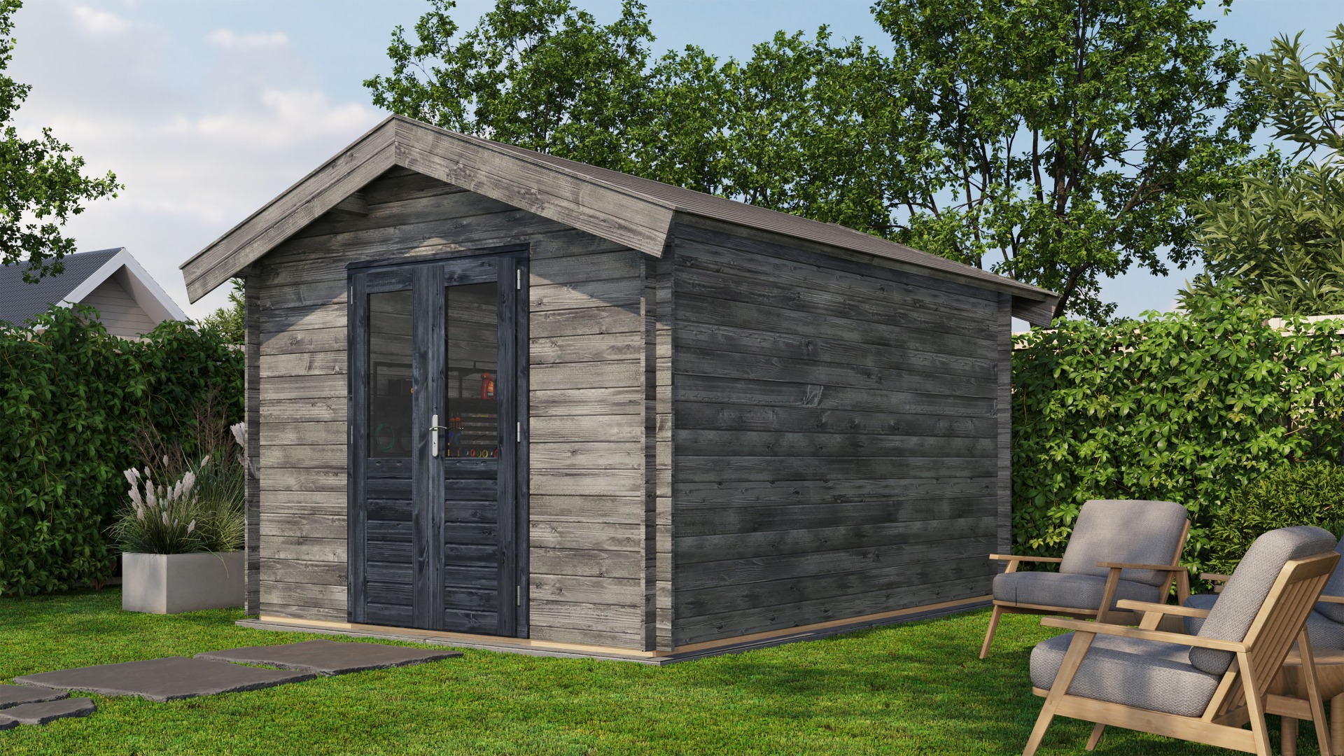 Lugarde Select Olst Blokhut 300x400 cm 28 mm vuren keteldruk grijs geïmpregneerd