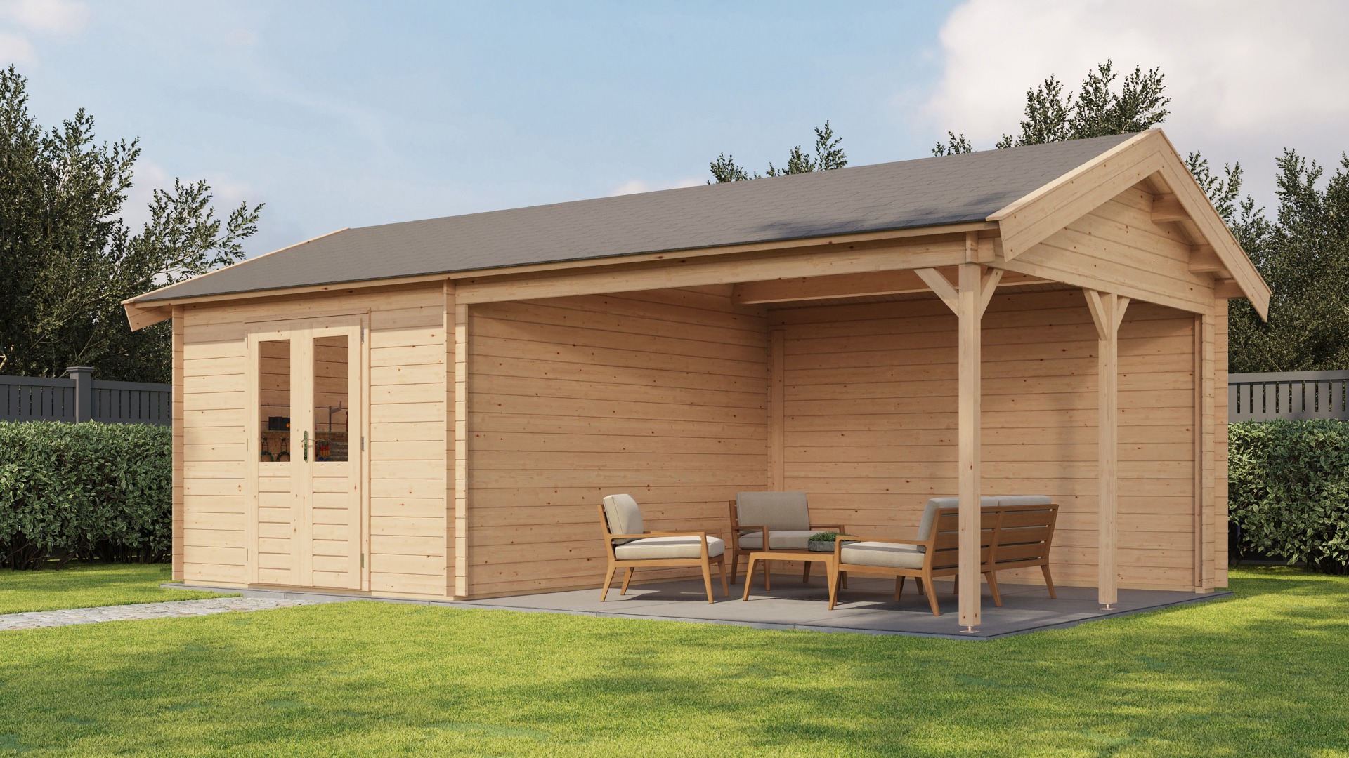 Lugarde Select Haaksbergen Blokhut met overkapping 300x400 cm + 400 cm vuren blank- Zadeldak- - Lugarde Select afbeelding