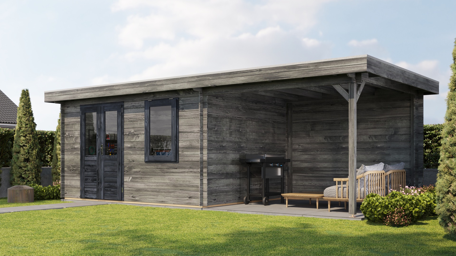 Lugarde Select Blokhut met overkapping Elst 400x300cm + 300cm - Keteldruk Grijs afbeelding 1