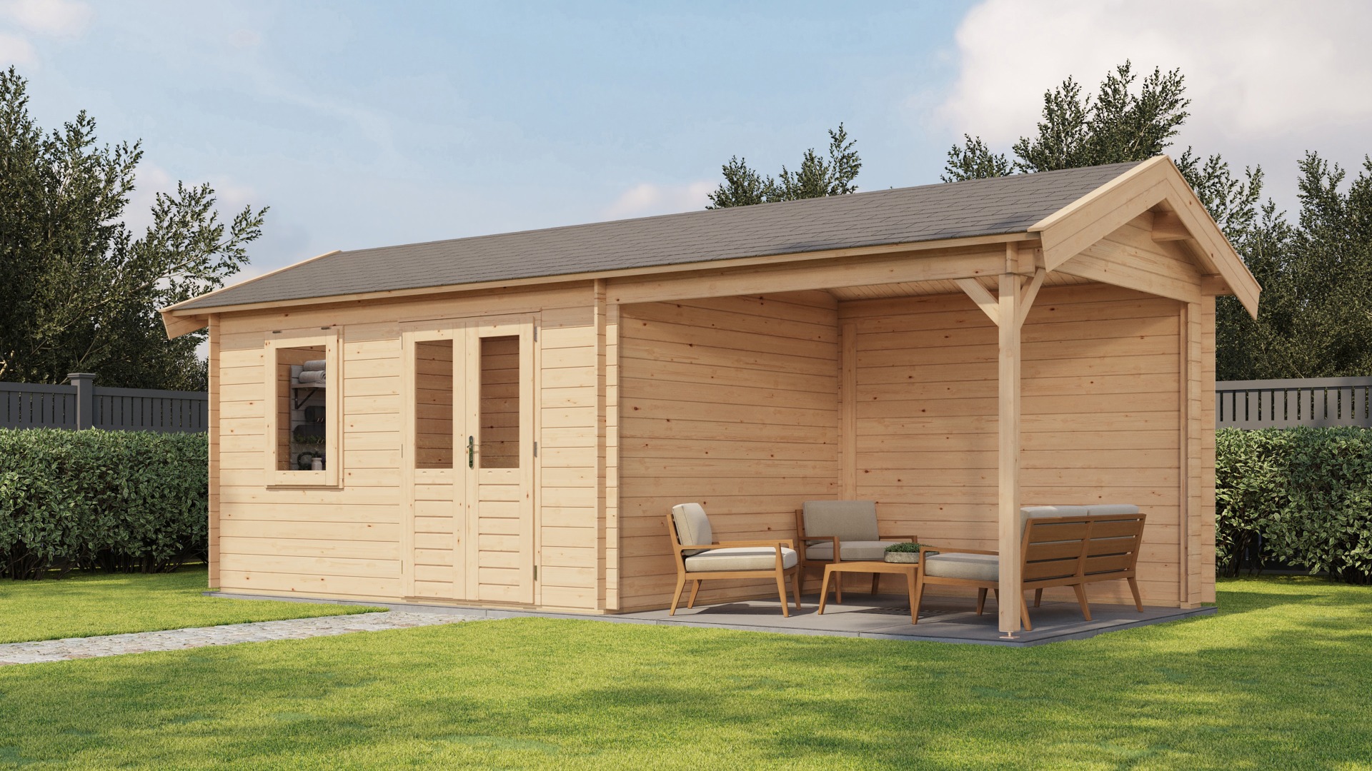 Lugarde Select Holten Blokhut met overkapping 400x300 cm + 300 cm vuren blank- Zadeldak- - Lugarde Select afbeelding