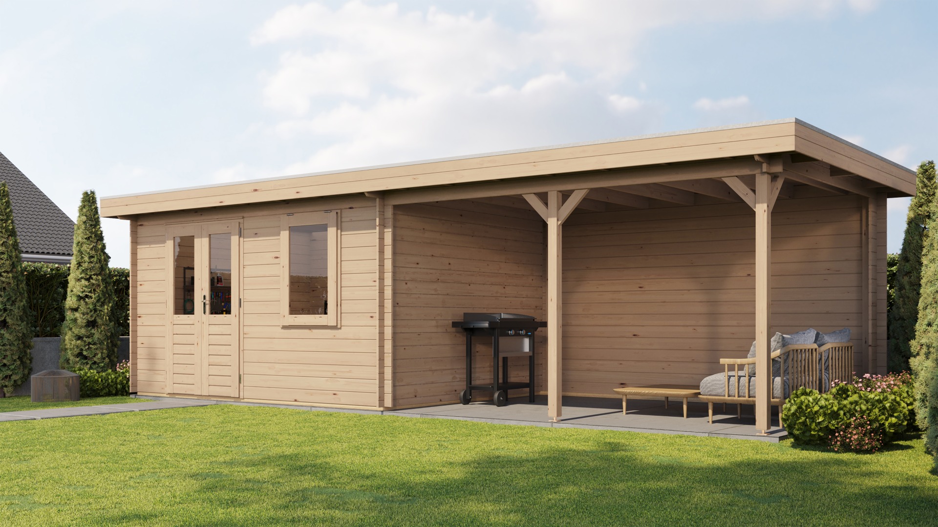 Lugarde Select Blokhut met overkapping Huissen 400x300cm + 400cm - Onbehandeld afbeelding