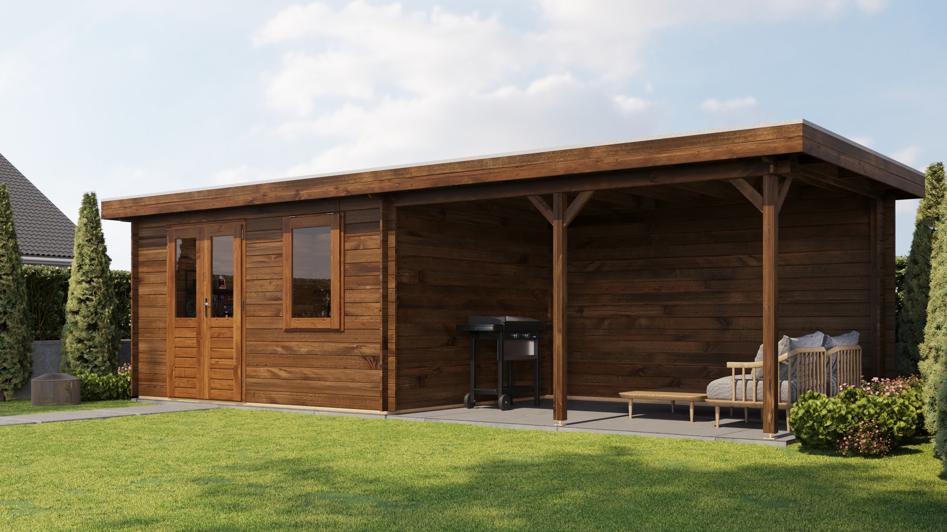 Lugarde Select Blokhut met overkapping Huissen 400x300cm + 400cm - Keteldruk Bruin afbeelding 1