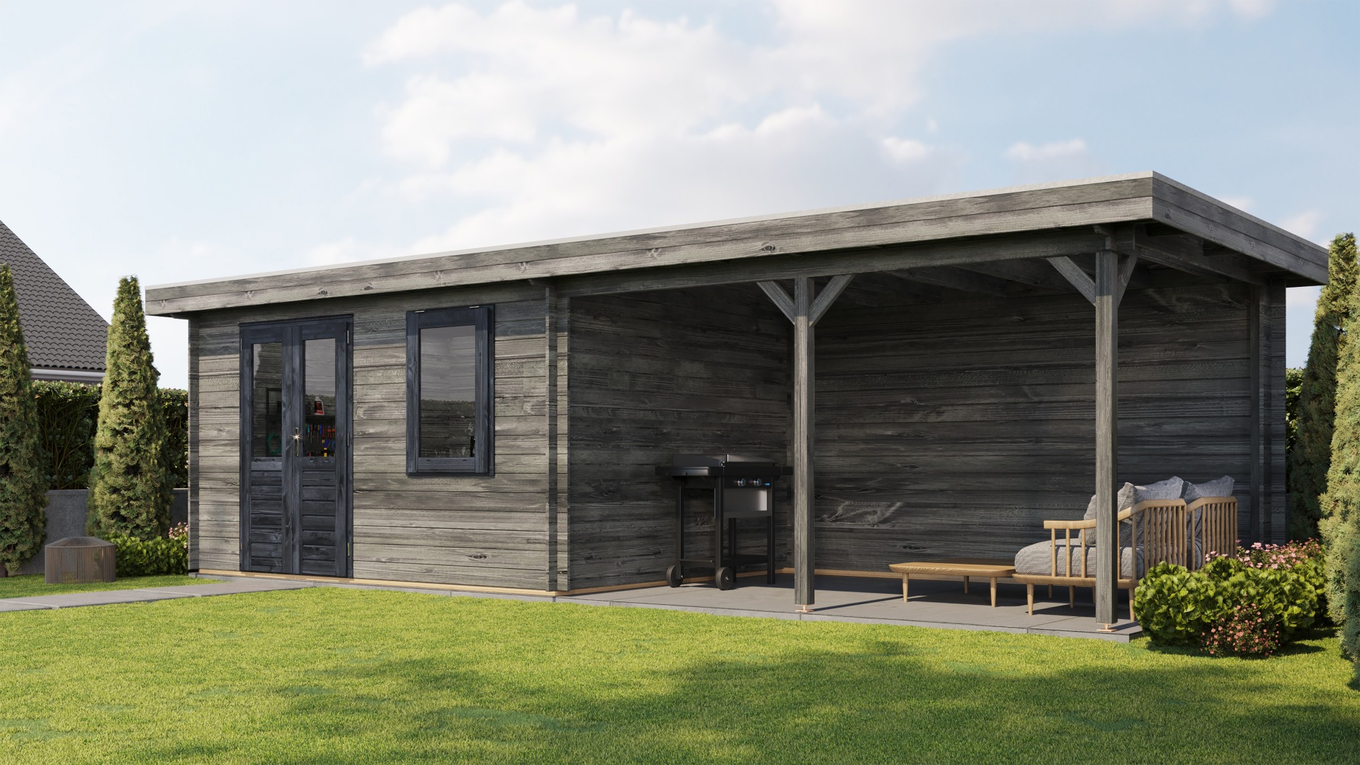 Lugarde Select Blokhut met overkapping Huissen 400x300cm + 400cm - Keteldruk Grijs afbeelding