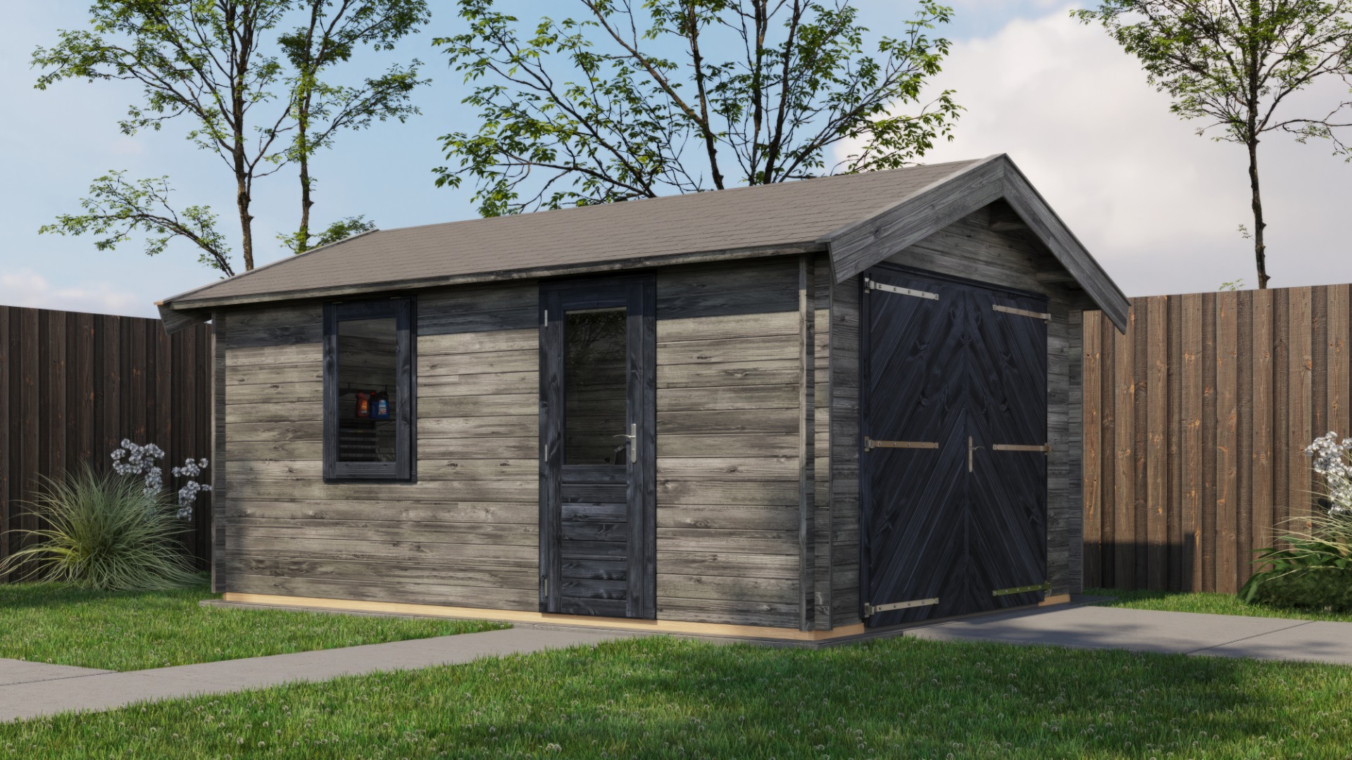 Lugarde Select Opheusden Blokhut met garagedeur 350x500 cm 44 mm vuren keteldruk grijs geïmpregneerd