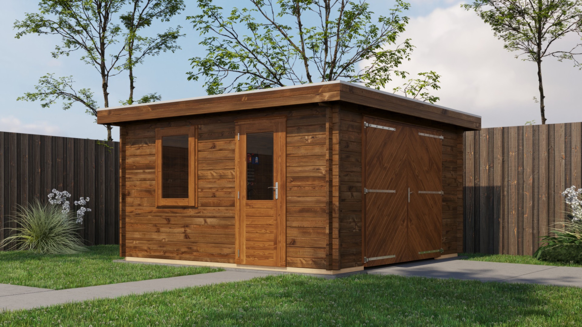 Lugarde Select Blokhut Groenlo met garagedeur 400x400cm - Keteldruk Bruin afbeelding 1