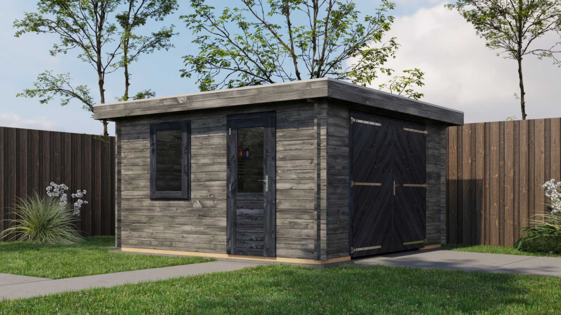 Lugarde Select Blokhut Groenlo met garagedeur 400x400cm - Keteldruk Grijs afbeelding 1