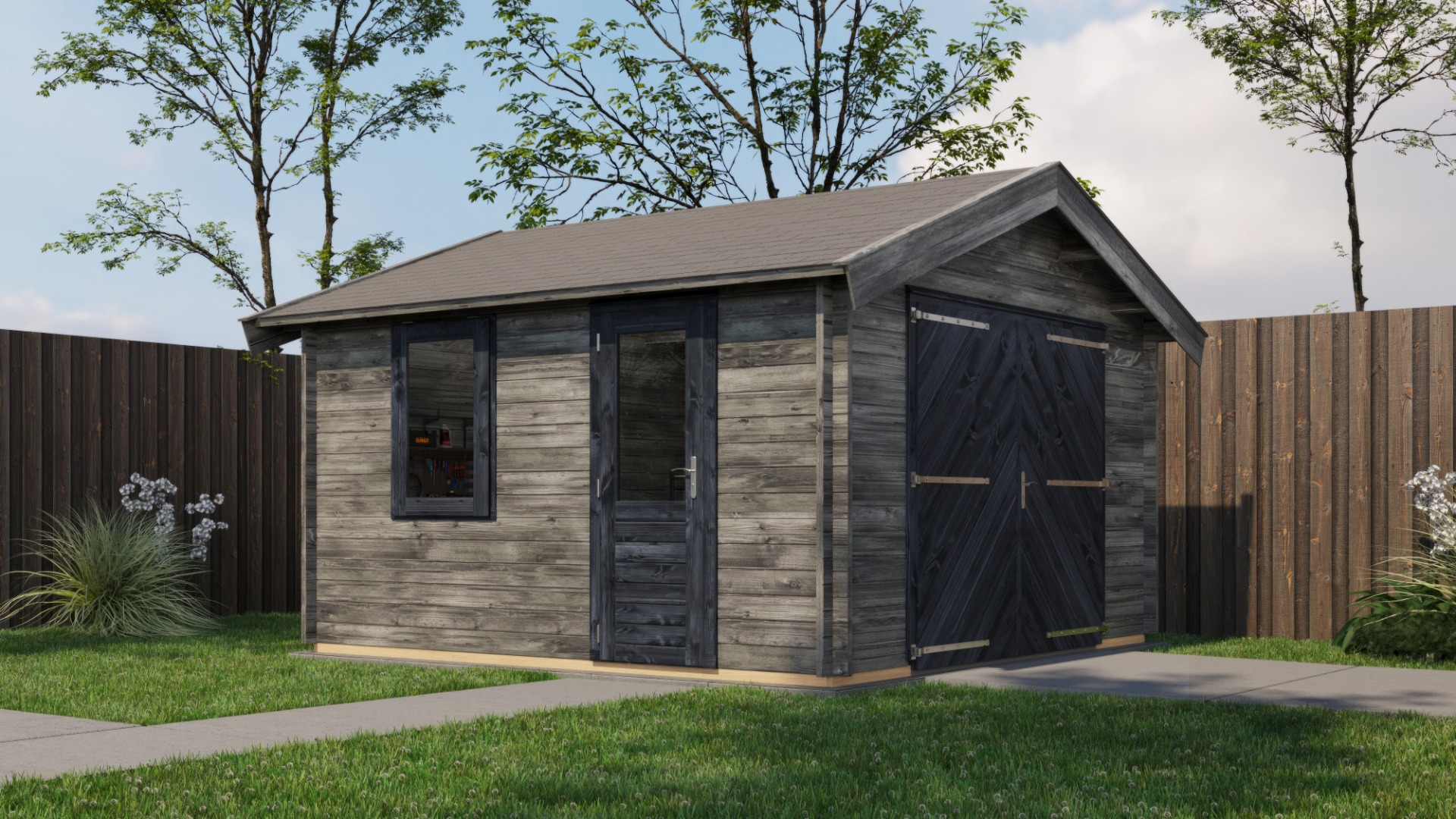 Lugarde Select Maurik Blokhut met garagedeur 400x400 cm 44 mm vuren keteldruk grijs geïmpregneerd