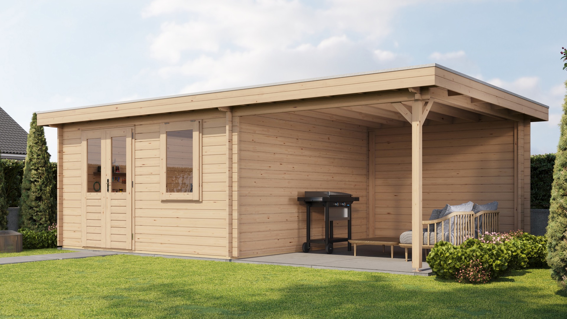 Lugarde Select Blokhut met overkapping Wehl 400x400cm + 300cm - Onbehandeld afbeelding 1