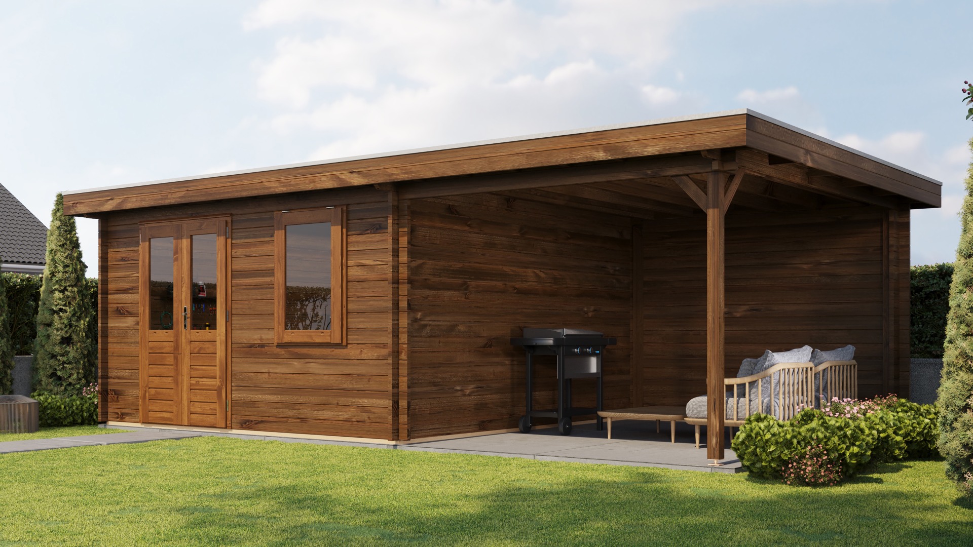 Lugarde Select Blokhut met overkapping Wehl 400x400cm + 300cm - Keteldruk Bruin afbeelding