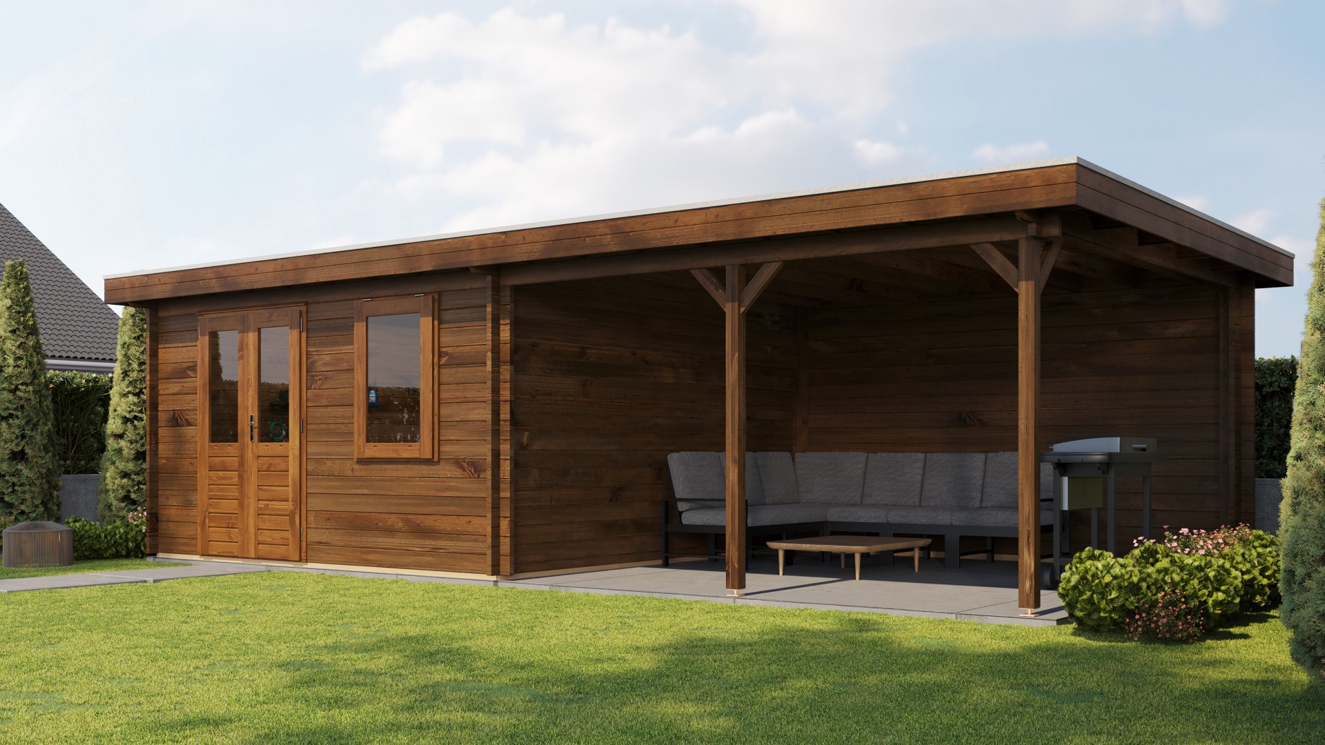 Lugarde Select Blokhut met overkapping Didam 400x400cm + 400cm - Keteldruk Bruin afbeelding