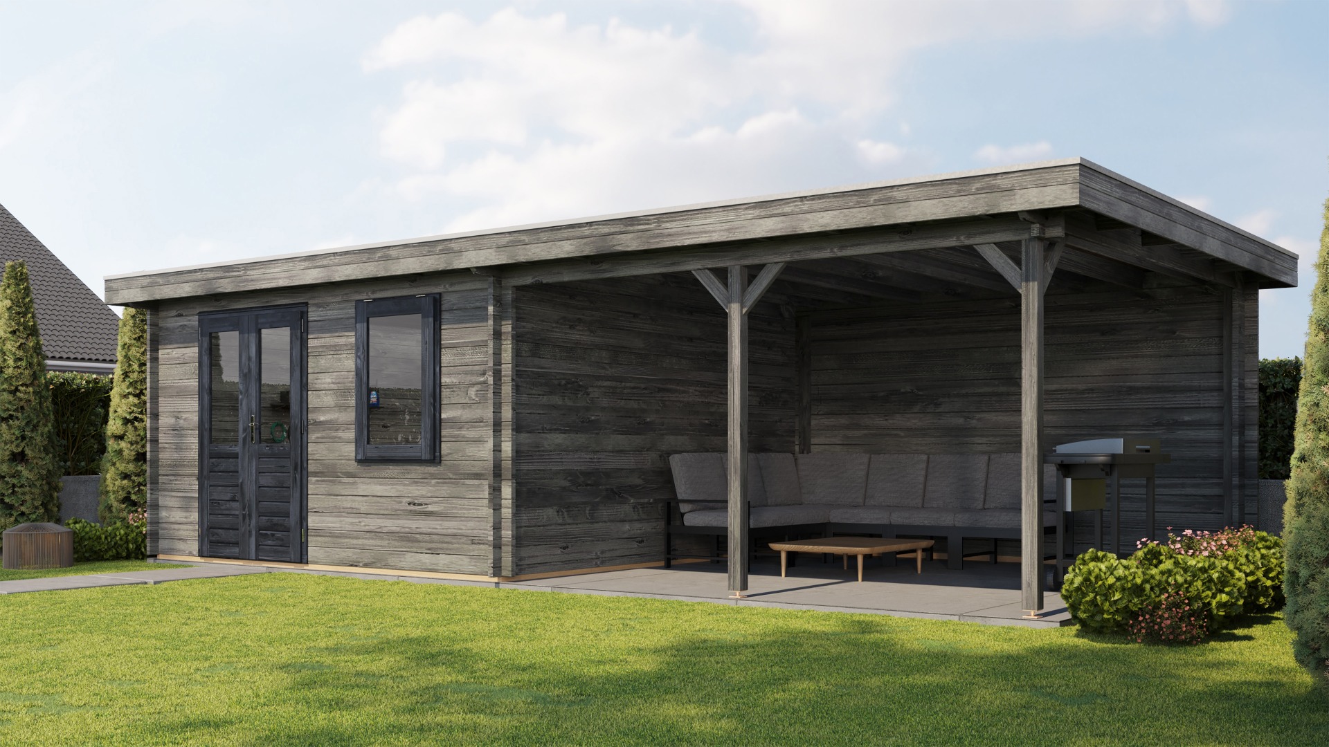 Lugarde Select Blokhut met overkapping Didam 400x400cm + 400cm - Keteldruk Grijs afbeelding 1