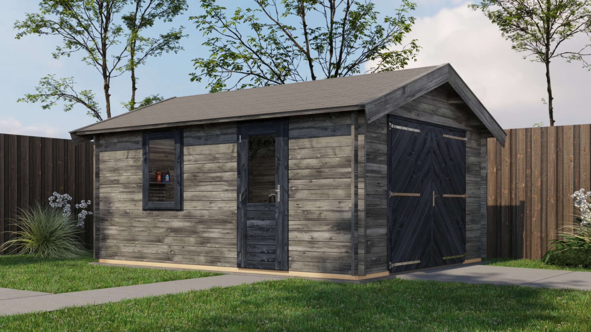 Lugarde Select Kesteren Blokhut met garagedeur 400x500 cm 44 mm vuren keteldruk grijs geïmpregneerd