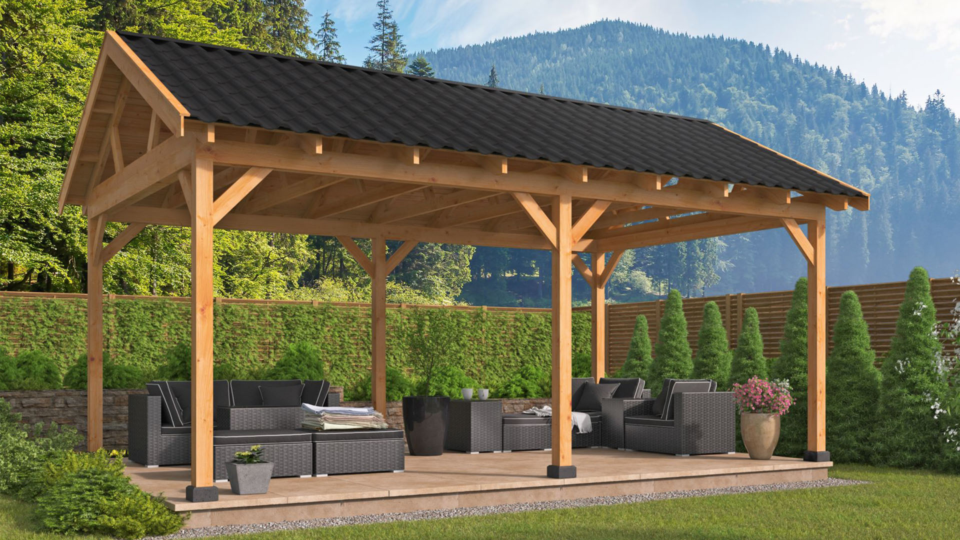 Tuindeco Hamar XL Overkapping type 1 675x445 cm Lariks/Douglashout blank- Zadeldak- Onbehandeld lariks Douglas hout- Tuindeco afbeelding
