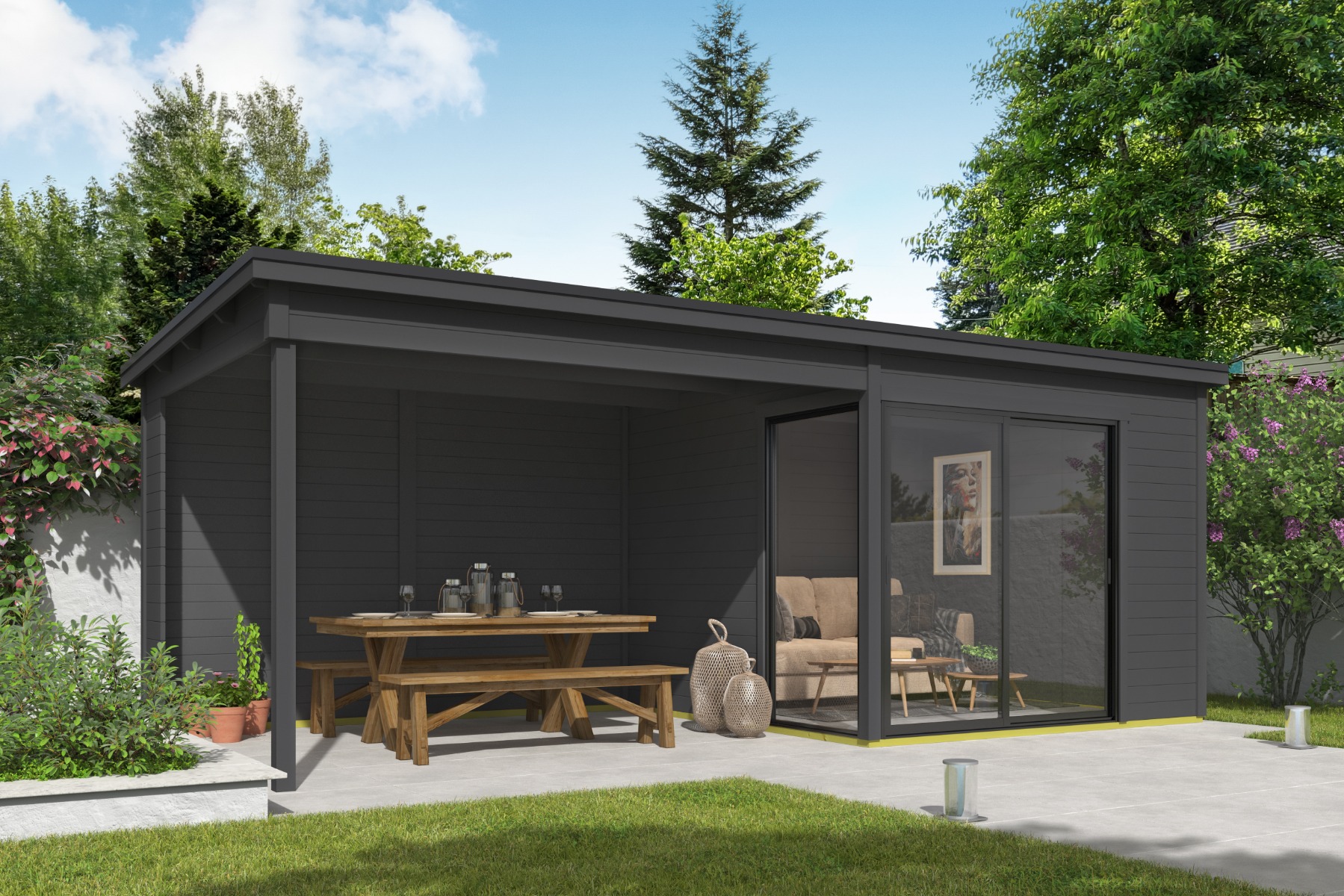 Tuinhuis Julia 295x295 cm + 350 cm aanbouw - Carbon Grey gecoat afbeelding