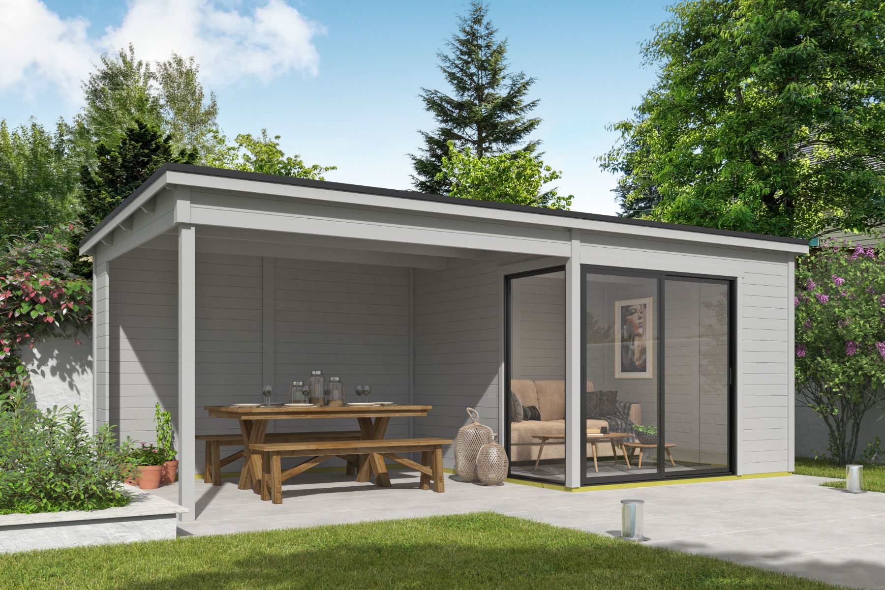 Tuinhuis Julia 295x295 cm + 350 cm aanbouw - Platinum Grey gecoat afbeelding 1