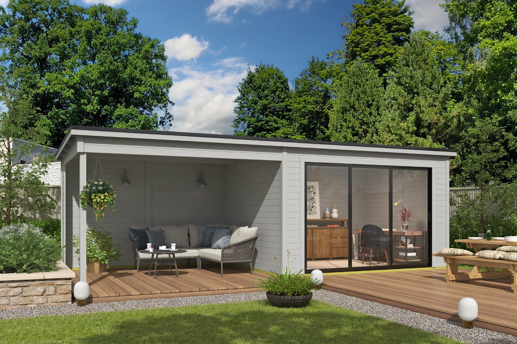 Tuinhuis Pernilla 385x295 cm + 350 cm aanbouw - Platinum Grey gecoat afbeelding
