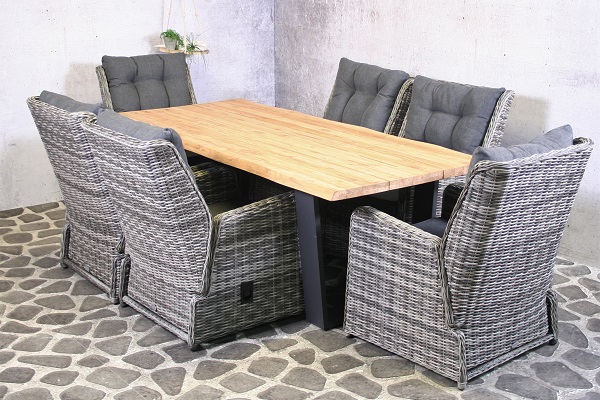 Tuinset Vinos - 6 verstelbare wicker stoelen met teakhouten tafel - Showmodel Wommelgem afbeelding