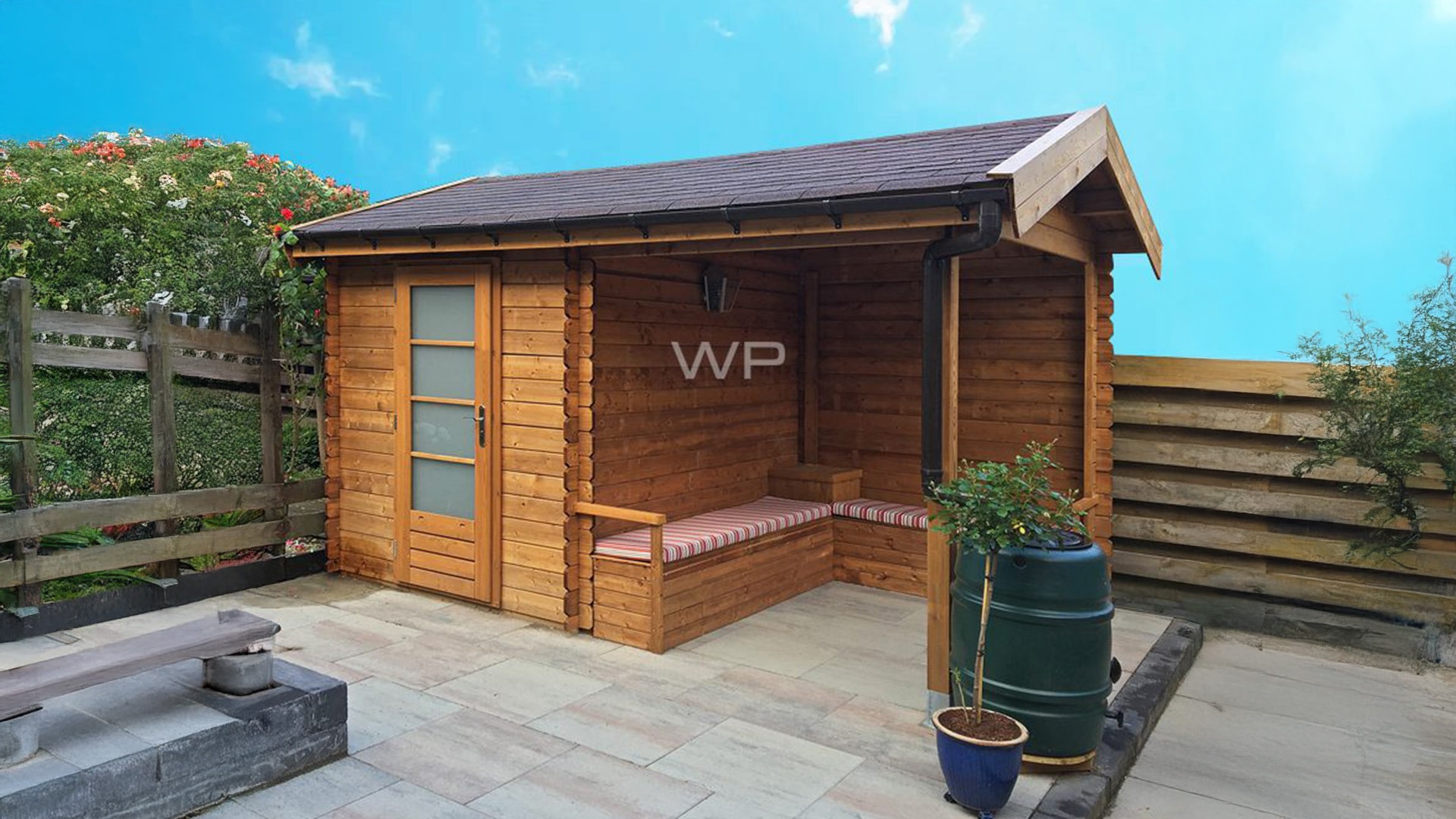 Woodpro Veluwe tuinhuis 200x250 cm + overkapping 200 cm 28 mm vuren blank- Zadeldak- Hout- Woodpro afbeelding