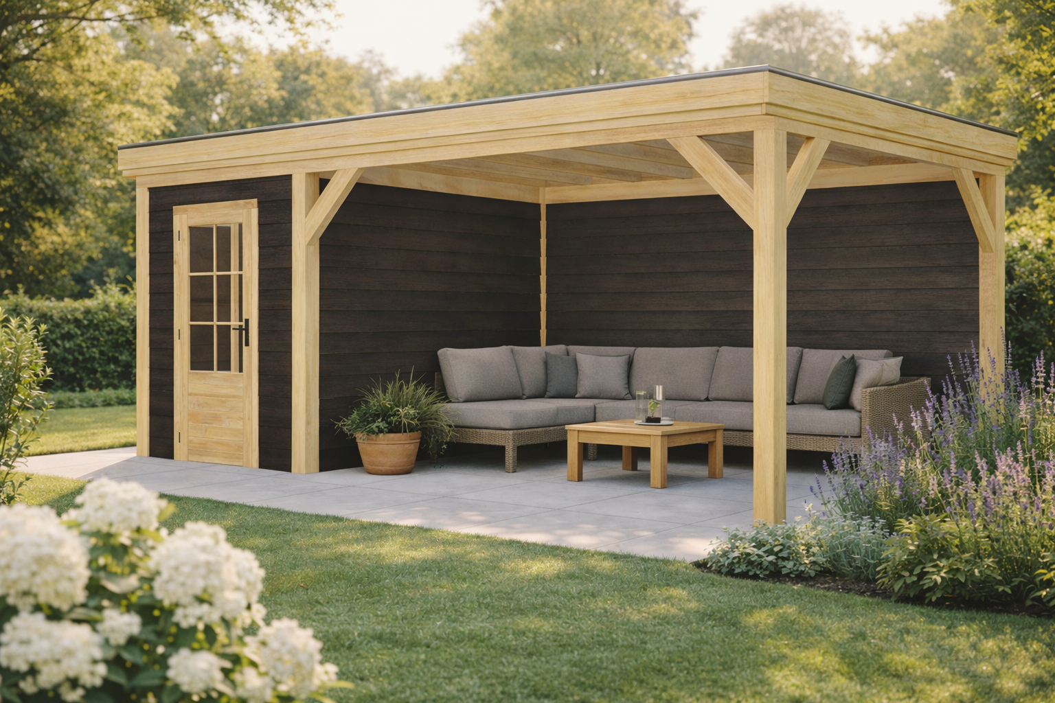 Blokhut Novo 200x300 cm met overkapping 350x300 cm Douglas met vuren rabat wanden (Incl. EPDM)