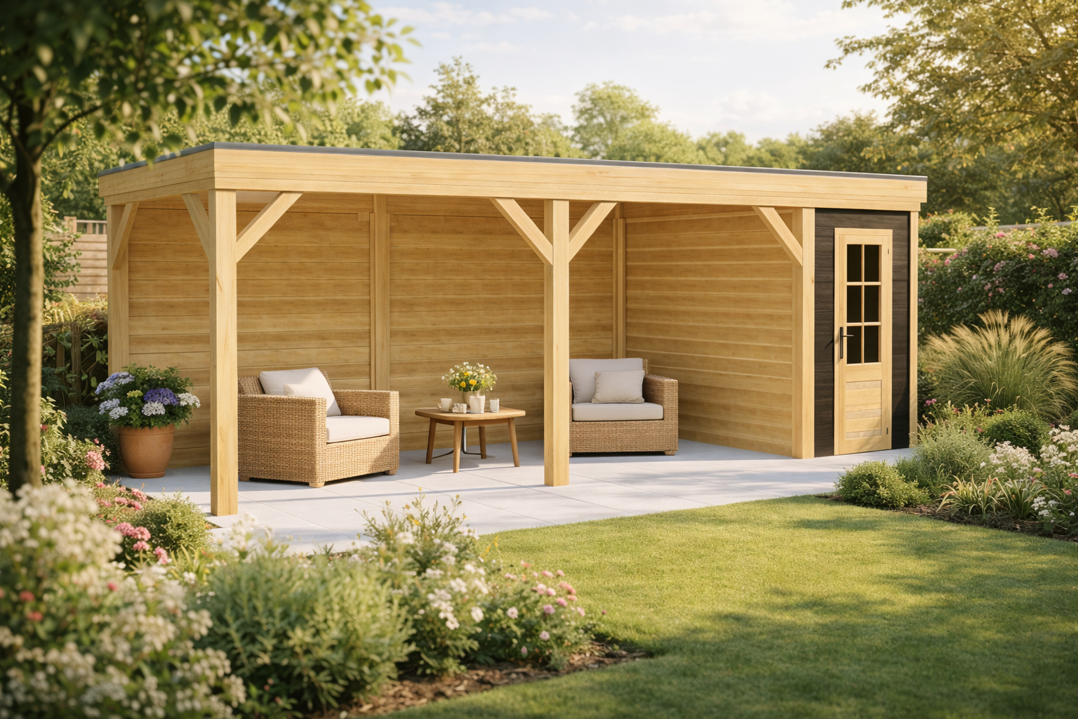 Blokhut Novo 200x300 cm met overkapping 600x300 cm Douglas met vuren rabat wanden (Incl. EPDM)