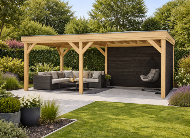 Overkapping Oldenzaal 600x350 cm Douglas blank met vuren rabat wanden zwart (Incl. EPDM)