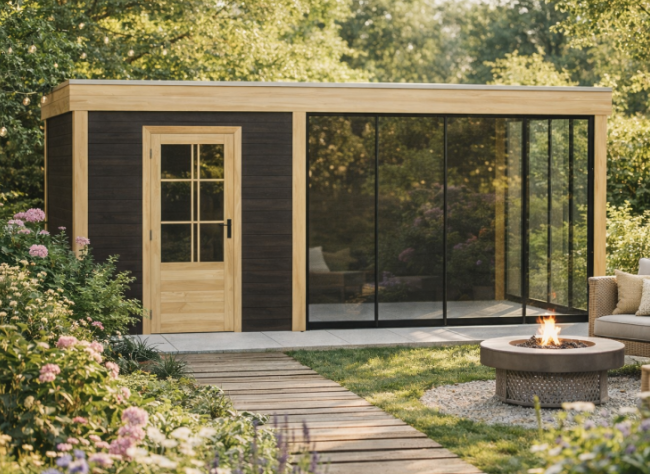 YARD Outdoor Novo Kampen berging 250x300 cm met overkapping 350x300 cm Douglas blank met vuren rabat wanden zwart (Incl. EPDM)