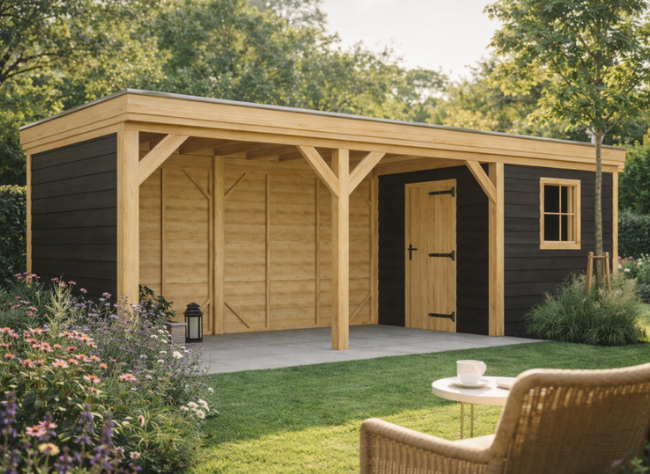 Blokhut Rijssen 250x250 cm met overkapping 500x250 cm Douglas blank met vuren wanden zwart (Incl. EPDM)